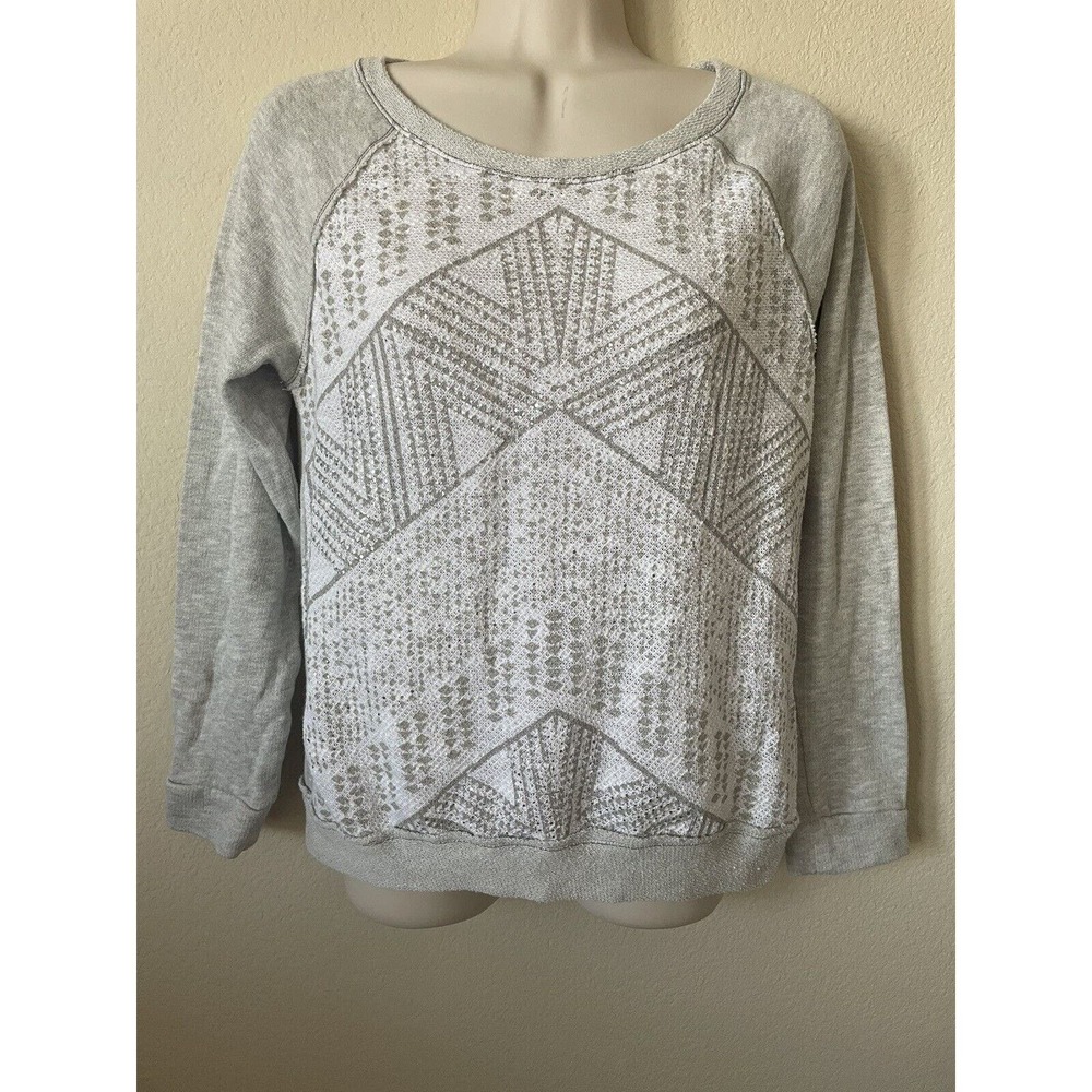 Rewind Gray Ivory Foil Sparkle Tribal Scoop Neck Raglan Long Sleeve Top Size S